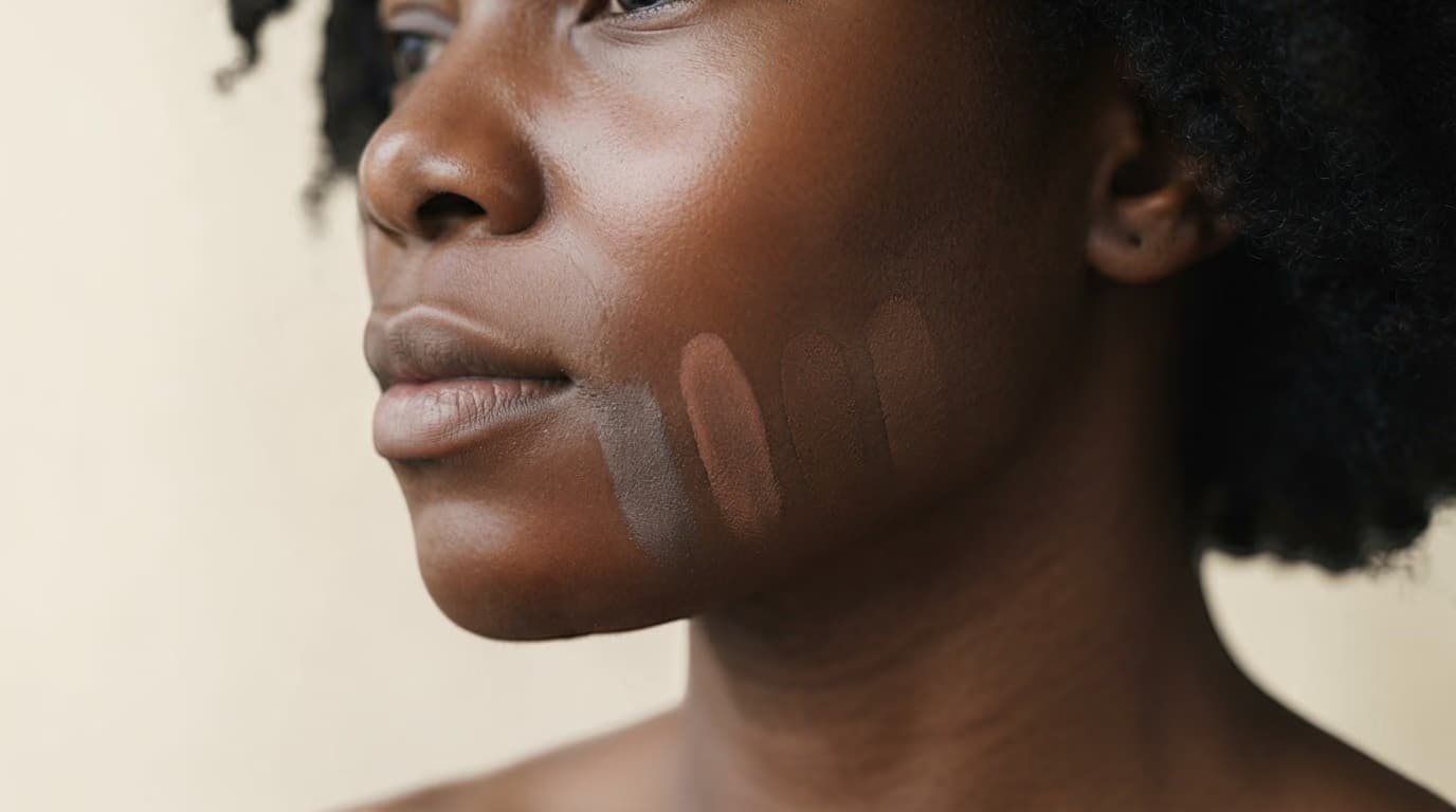 Test de teintes de fond de teint sur la mâchoire d'une peau noire, en lumière naturelle, pour vérifier l'accord avec le teint