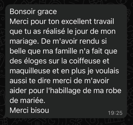 Message de remerciement envoyé par la mariée à Grâce après le jour du mariage