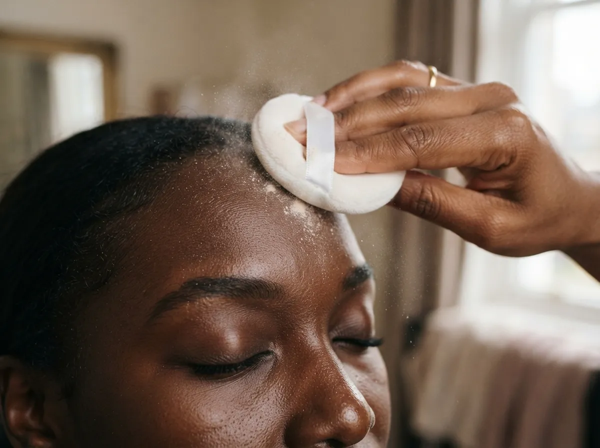 Application d'une poudre libre au tampon sur le front d'une peau noire, en lumière naturelle, pour maîtriser le sébum