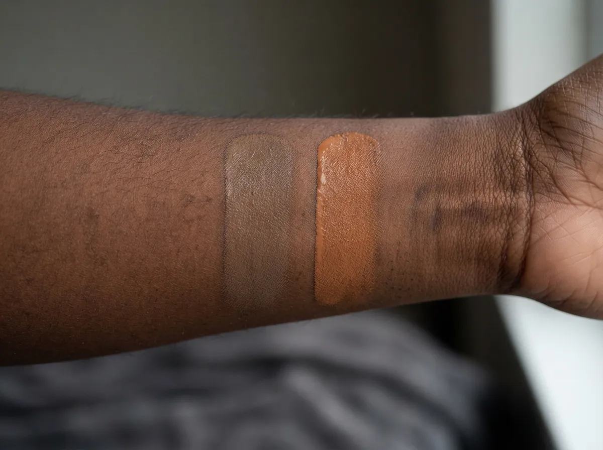 Deux swatches de fond de teint sur un avant-bras de peau noire, l'un trop clair qui grise, l'autre trop rouge qui vire à l'orange